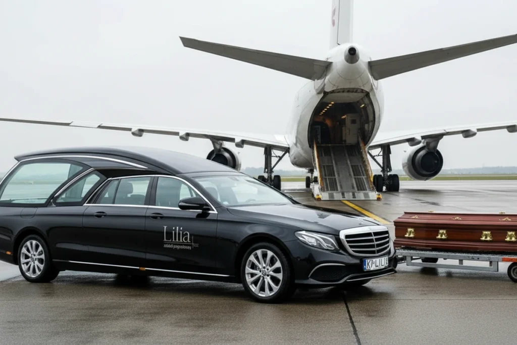 Karawan Lilia E-Class i trumna na wózku przy samolocie cargo - transport międzynarodowy