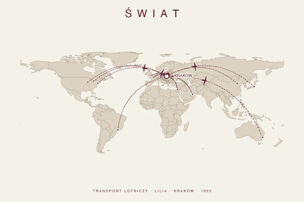Mapa świata z trasami lotniczymi do Krakowa - transport międzynarodowy zwłok Lilia
